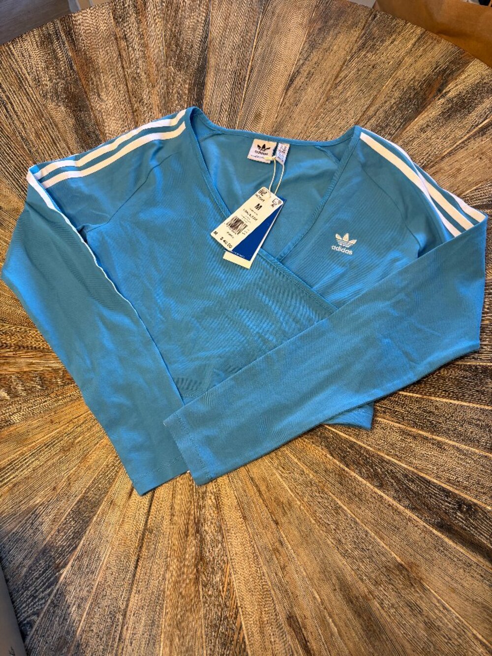 NWT! adidas Originals Adicolor Classics Blue Cropped Faux Wrap Long Sleeve Top M
